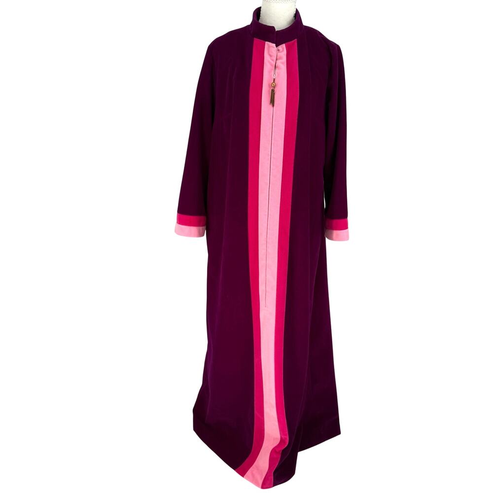 Vintage Vanity Fair Zip Front Robe Lounger Magenta Pink Trim Maxi OS